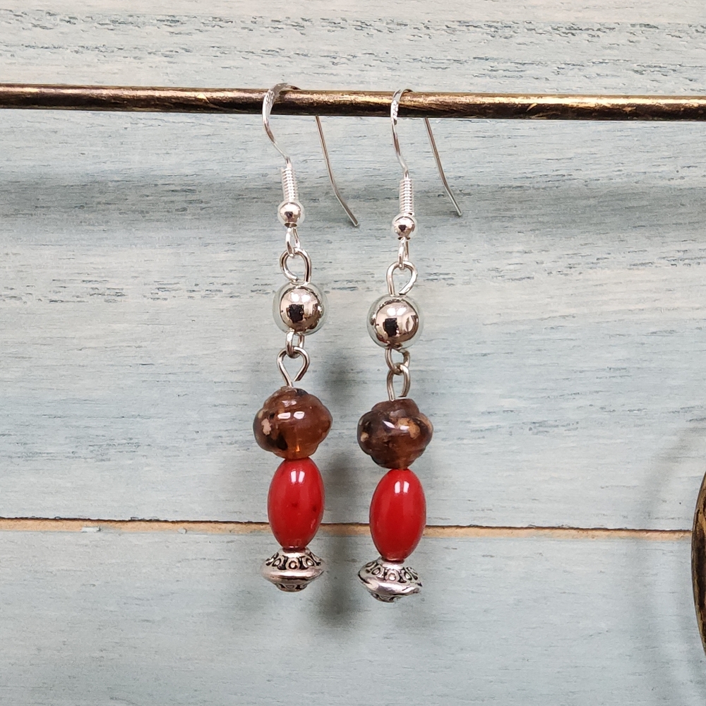 Hand Crafted Silver Toned Dangle Earrings Burgundy/Red & Amber Colored Beads